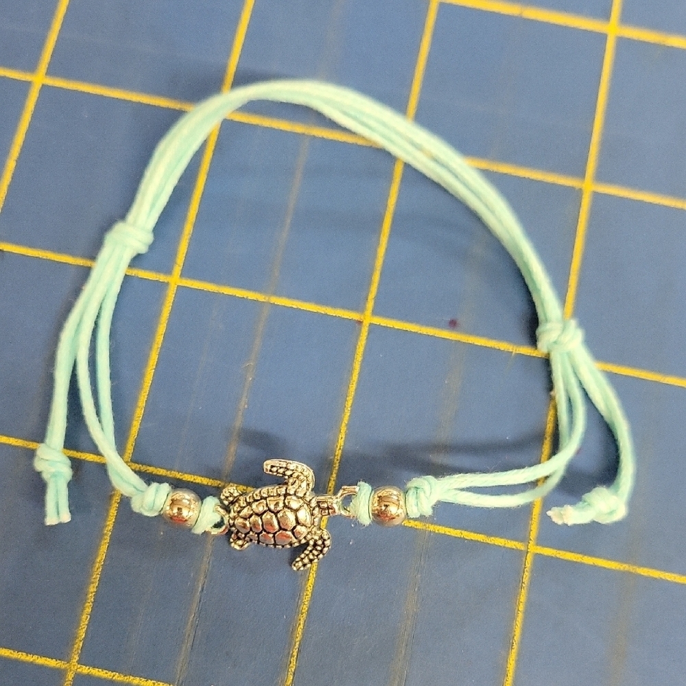 Turquoise Blue Suede Bracelet Silver Tone Turtle Charm Up to 10"